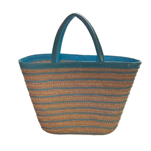 Straw Woven Tote Blue Sequins‎ Faux Leather Handles Beach Vacation Resort
